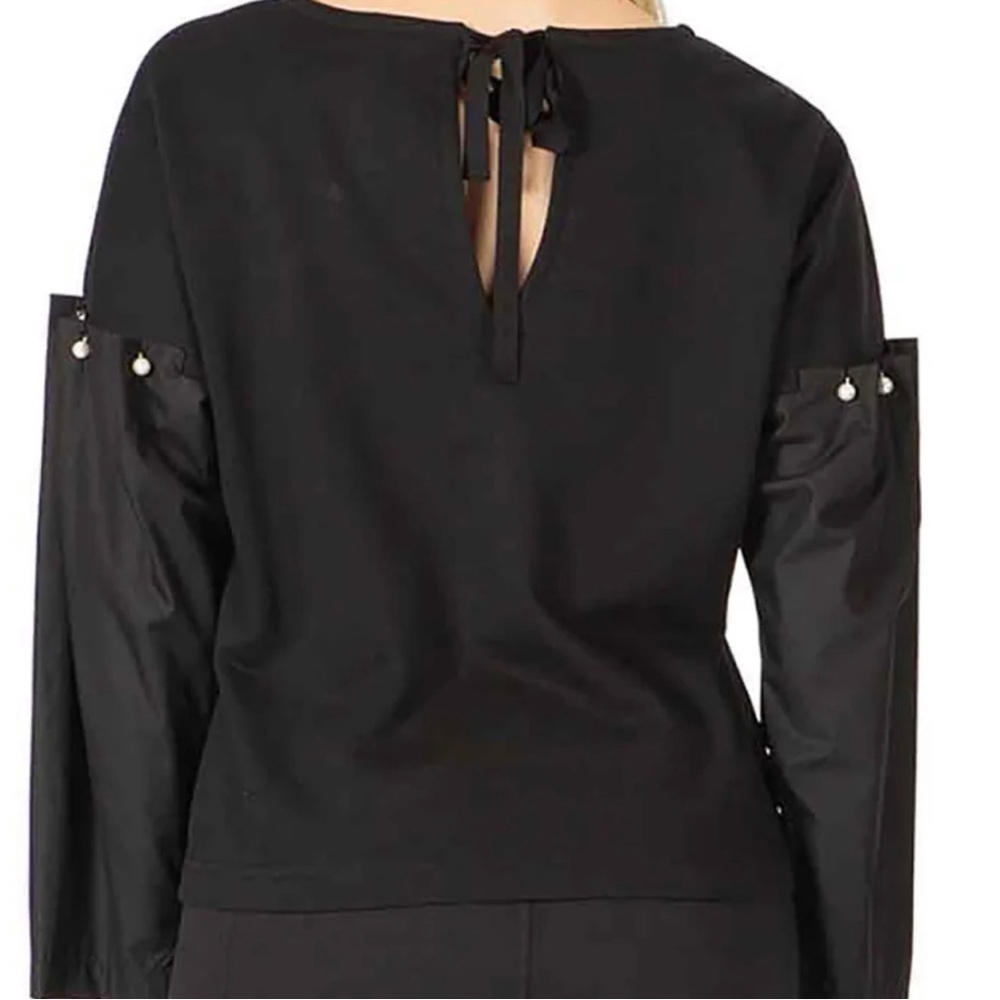 New-vertigo Paris Faux Pearl Beaded, Woven Sleeve,Ribbon Tie Neckline Blouse/Top - Picture 1 of 15